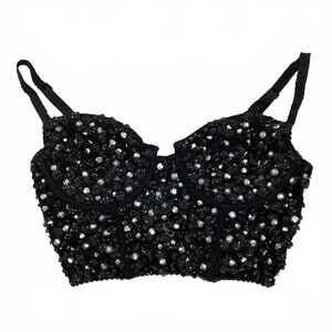 DKNY Black Vintage Sequin Rhinestone Lace Cropped Bustier Top | L